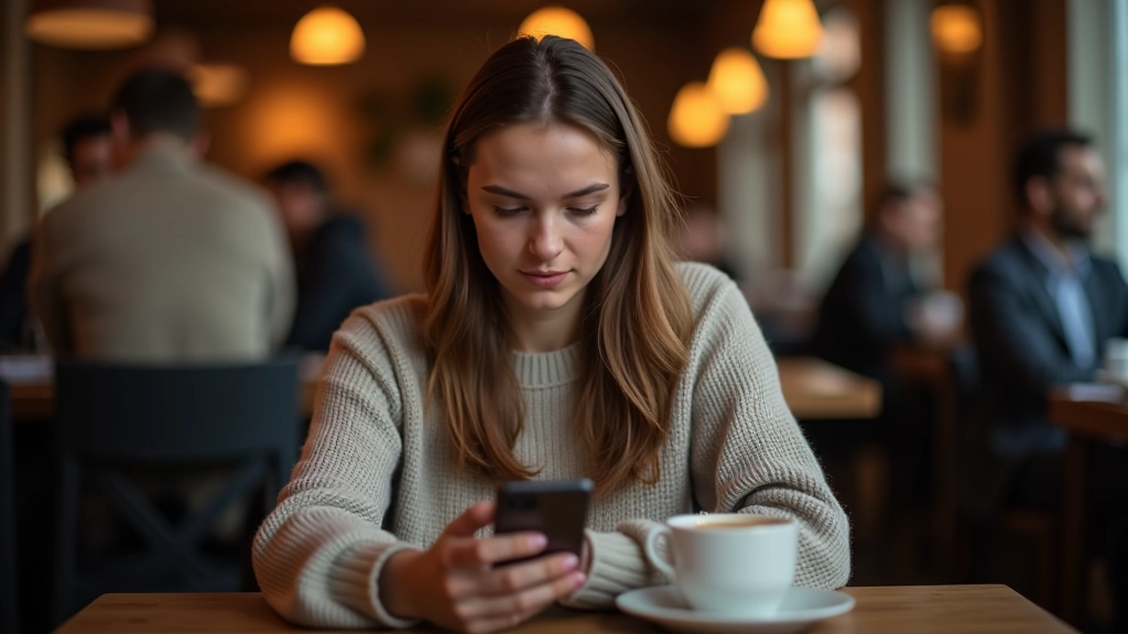 Mlada žena koristi pametni telefon dok sjedni u kafiću, koncentriran izraz